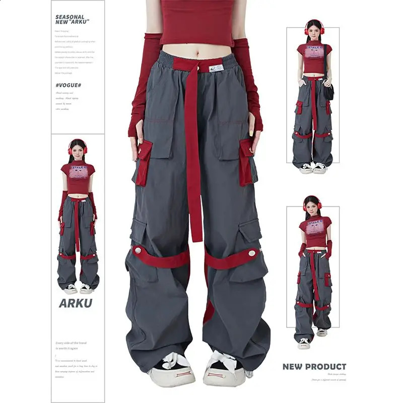 High Street Hip Hop Women Pants High Waist Color Block Overalls Wide-leg Casual Straight-leg Pants Y2k American Retro Streetwear 240821