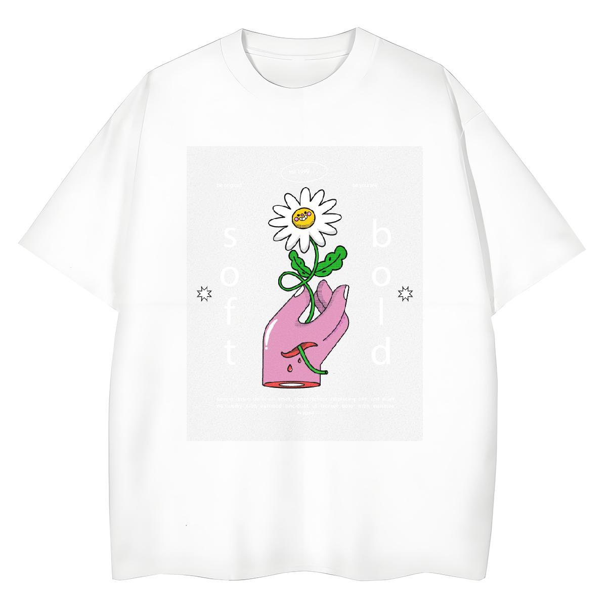 Popular Women Tees 100% Cotton 230g flower Daily Outfit T Shirt For Woman Crew Neck Cartoon Printing L-4XL Clothings