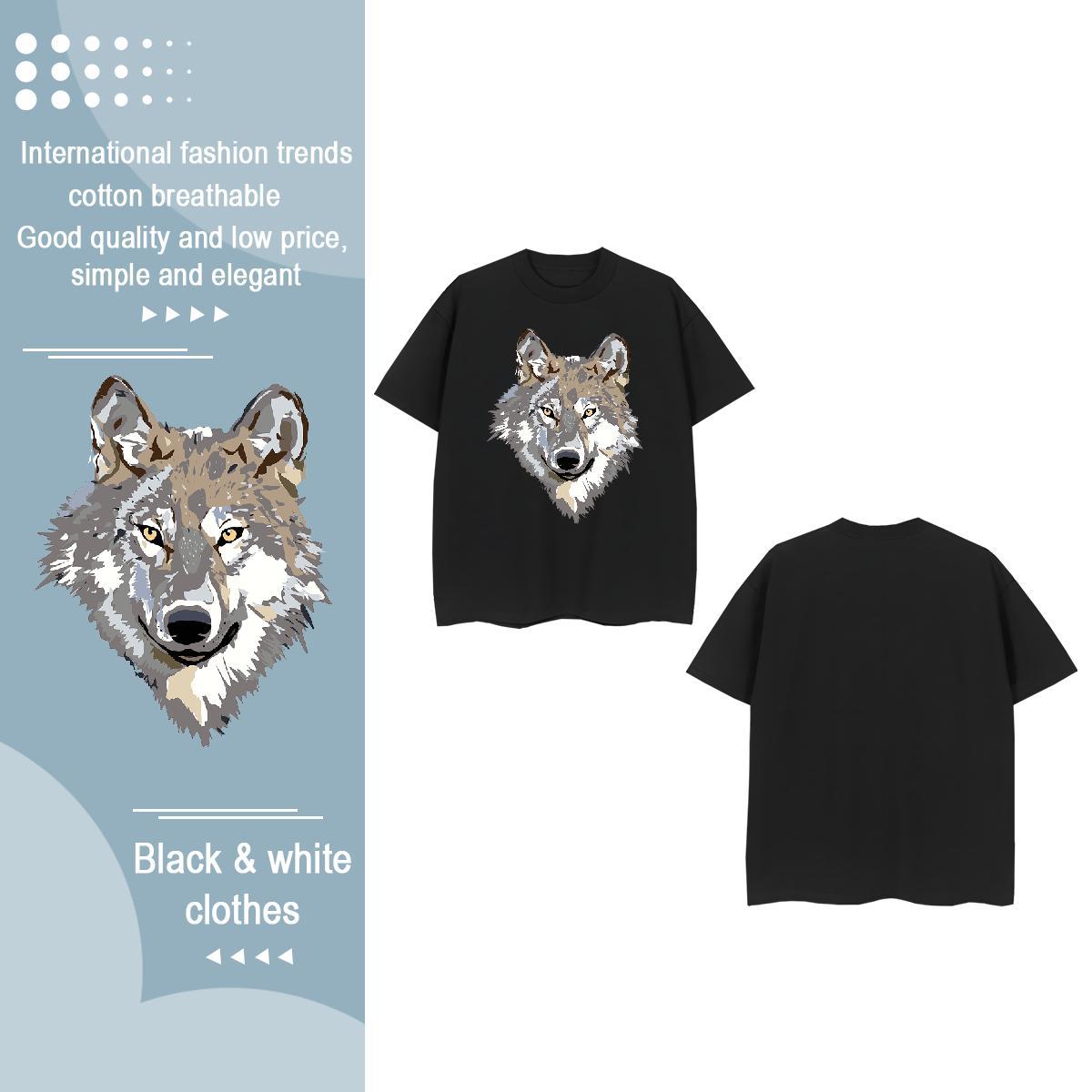 Casual New T shirt Breathable Short Sleeve 230g Cotton Unisex Tshirts Cartoon Floral Printing wolf Street Casual Comfortable Clothes