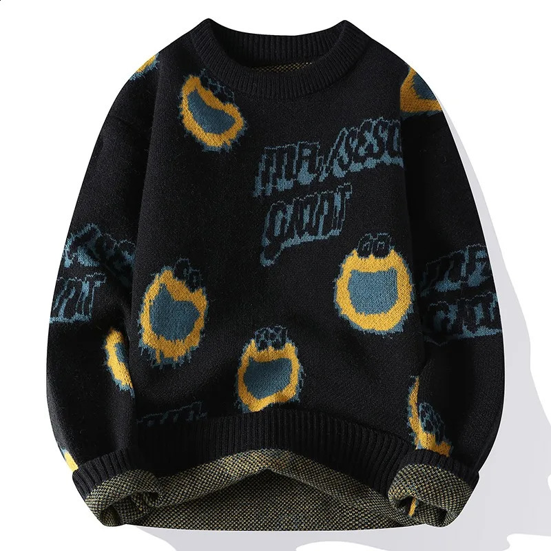 Mens autumn and winter knitted floral mens casual loose letter jacquard sweater street Harajuku warm 4XL 240821