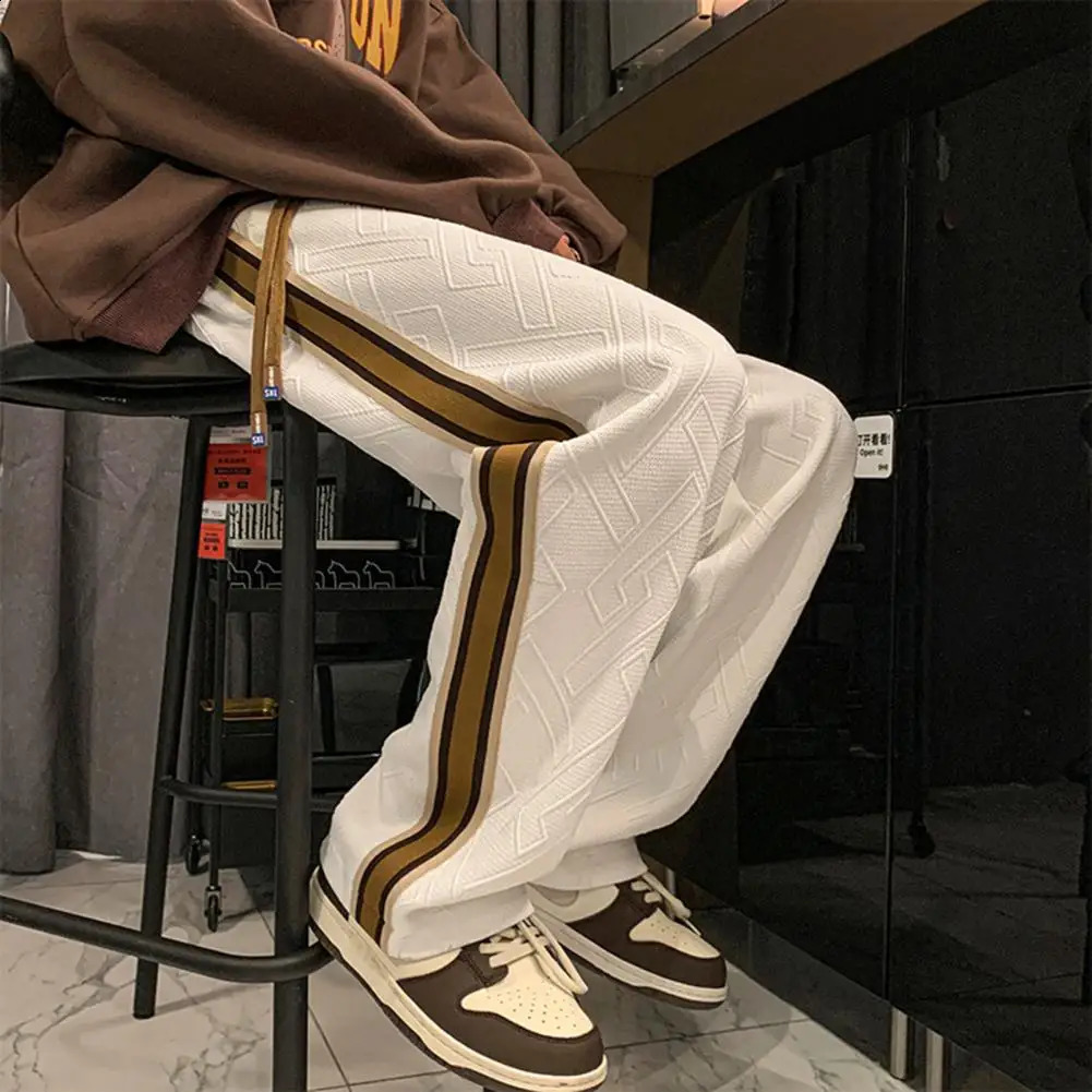 Men Pants Color Matching Wide Leg Drawstring Geometric Texture Trousers Elastic Waist Loose Hip Hop Trousers Mens Clothing 240822