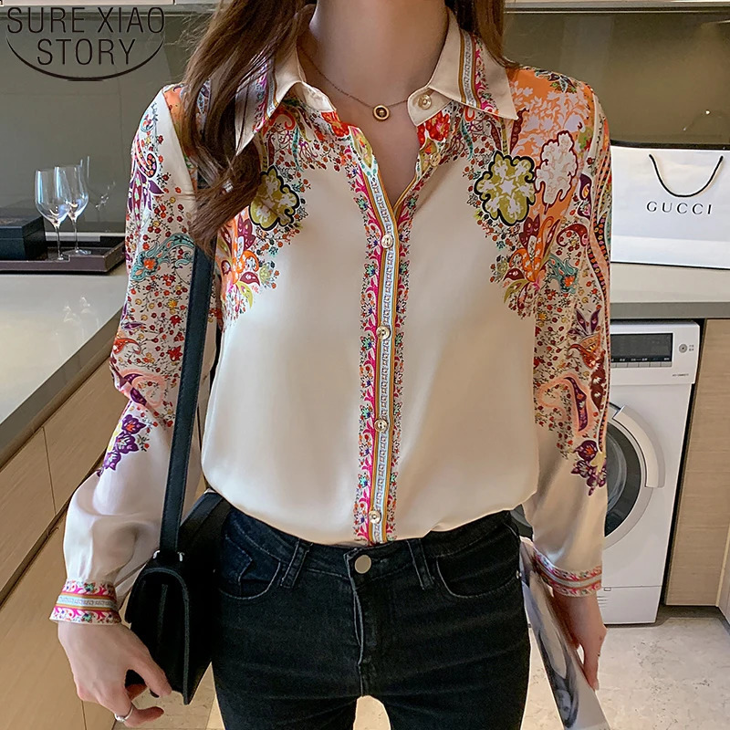 2023 Autumn Fashion Floral Print Blouse Women Satin Shirts Office Lady Elegant Tops Long Sleeve Silk Clothes 18440 240821