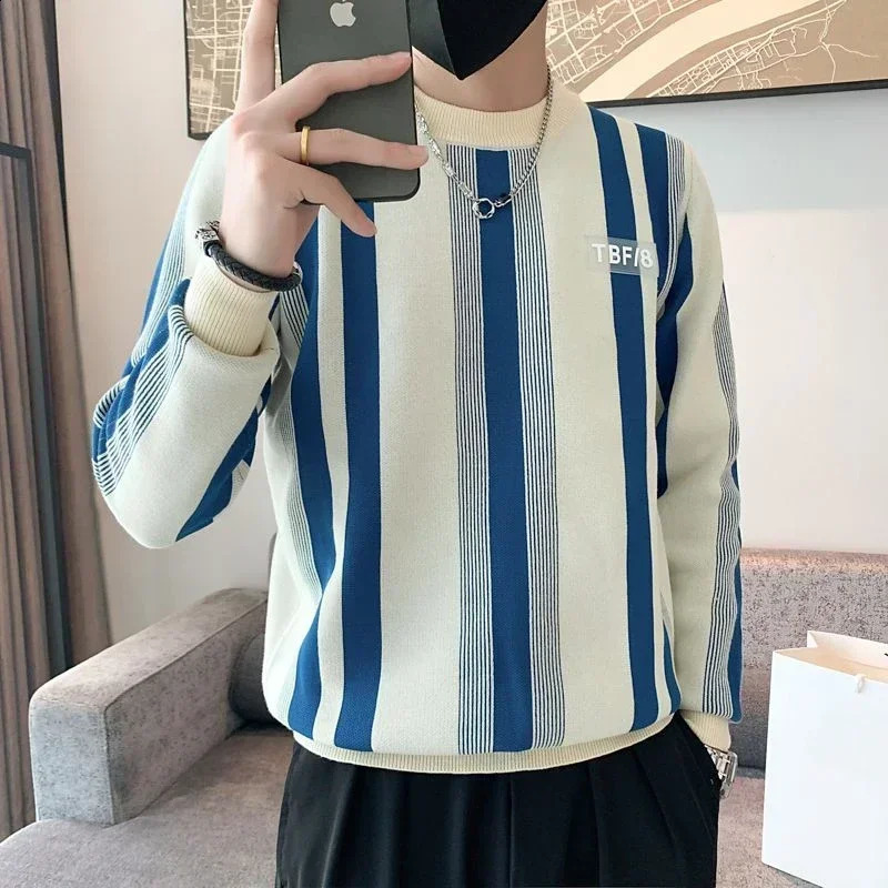 Mens Hoodless Striped Knitted Sweater Pulleys Logo n y Fun Korea Autumn A T 240821