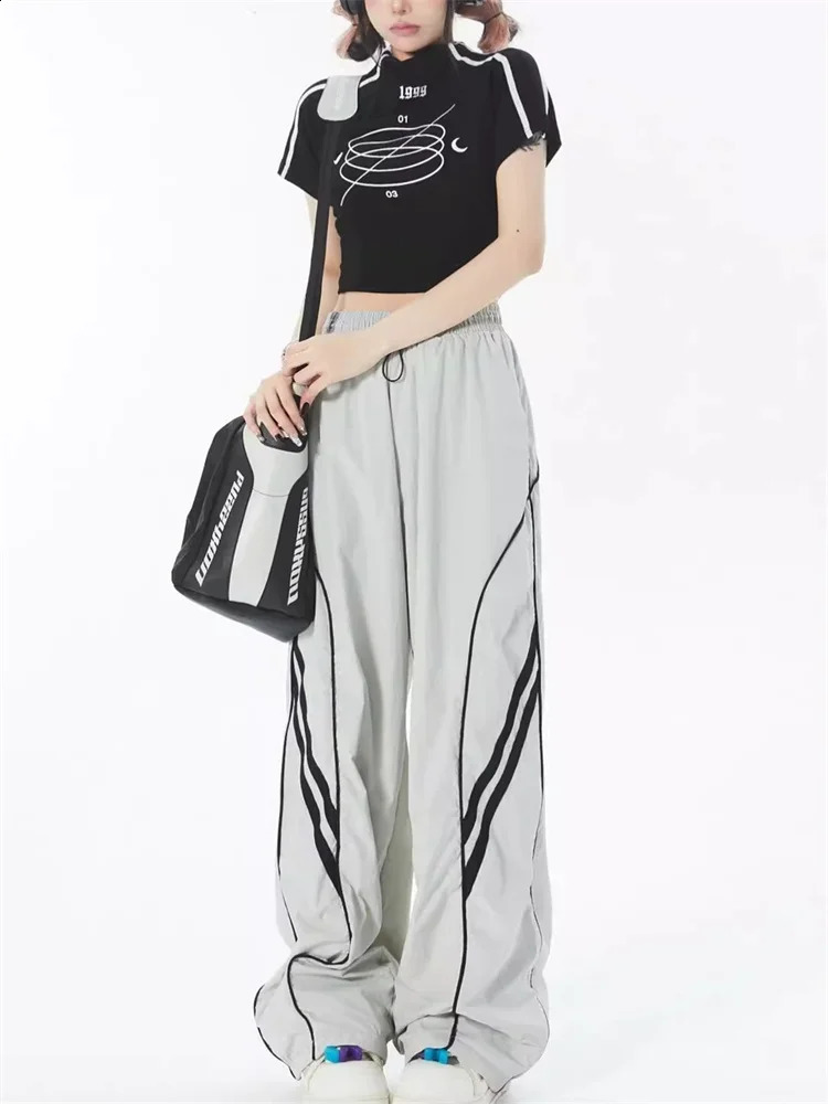 QWEEK Harajuku Egirl Gray Track Pants Women Y2K Vintage Striped Sweatpants Oversized Streetwear Hippie Wide Leg Black Joggers 240821