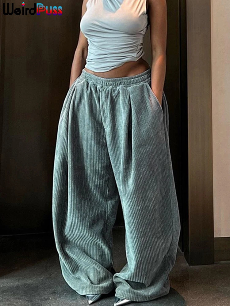 Weird Puss Y2K Casual Wide-Leg Pants Women Autumn Loose Simple Basic Pocket High Waist Trousers Corduroy Streetwear Long Bottoms 240821