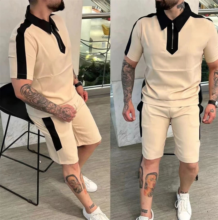 Summer Tracksuit Short Sleeve T ShirtShorts Suit Men Streetwear Fstitching Sweatshirt Oversized Men Clothing 2 Piece Sets 240821