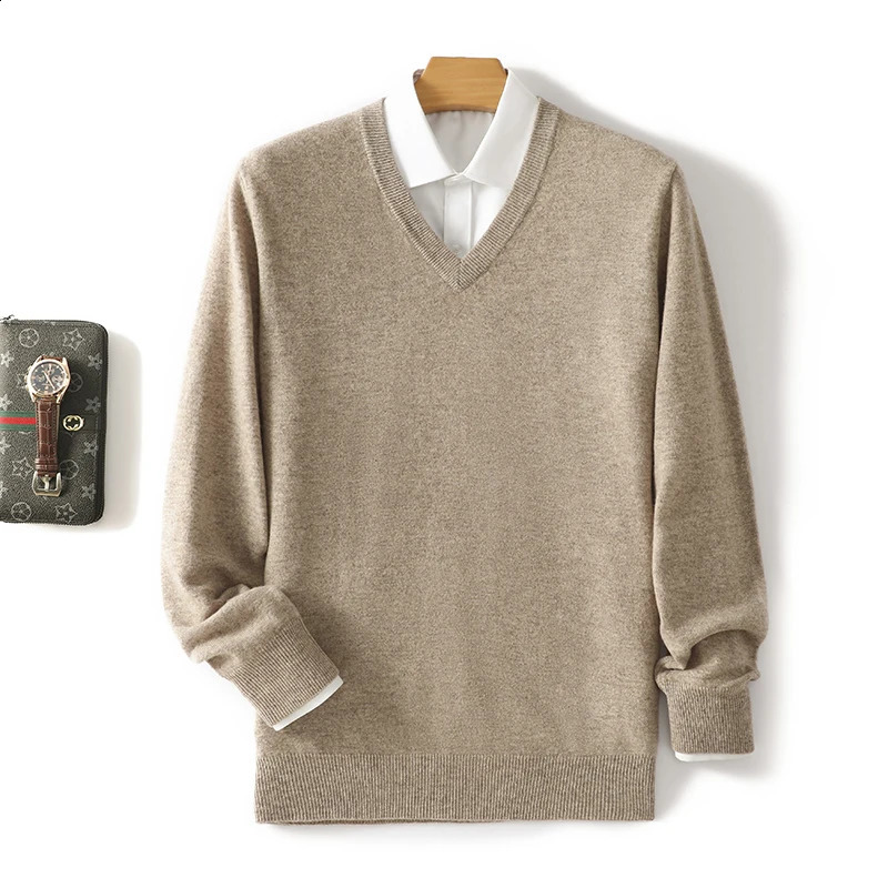 Autumn and winter cashmere sweater 100% pure wool mens Vneck knitted fleece classic solid color fashion 240821