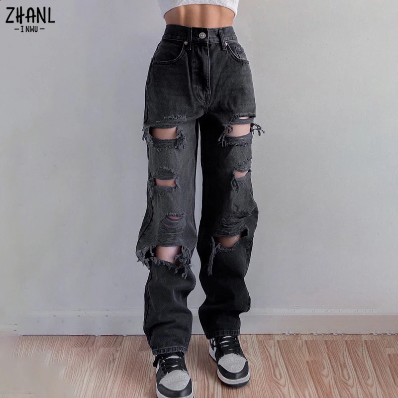 Brown Ripped Vintage Womans Distressed Jeans Streetwear Hole Hip Hop High Waist Pants Fashion Straight Denim Trousers Ladies 240821