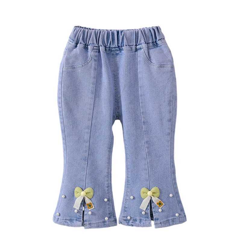 Girls Bowknot Split Pearl Jeans Childrens Flared Jeans 2-6 Years Old Childrens Slim Jeans W241227
