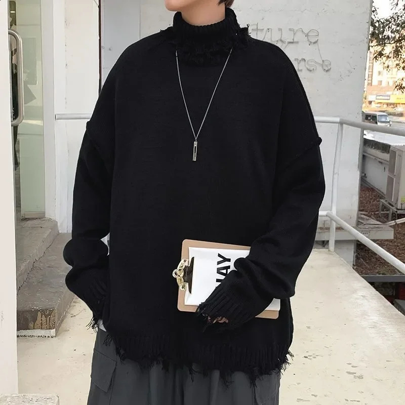 Man Clothes High Collar Knitted Sweaters for Men Torn Solid Color White with Holes Pullovers Plain Turtleneck Street Sheap Ugly 240821