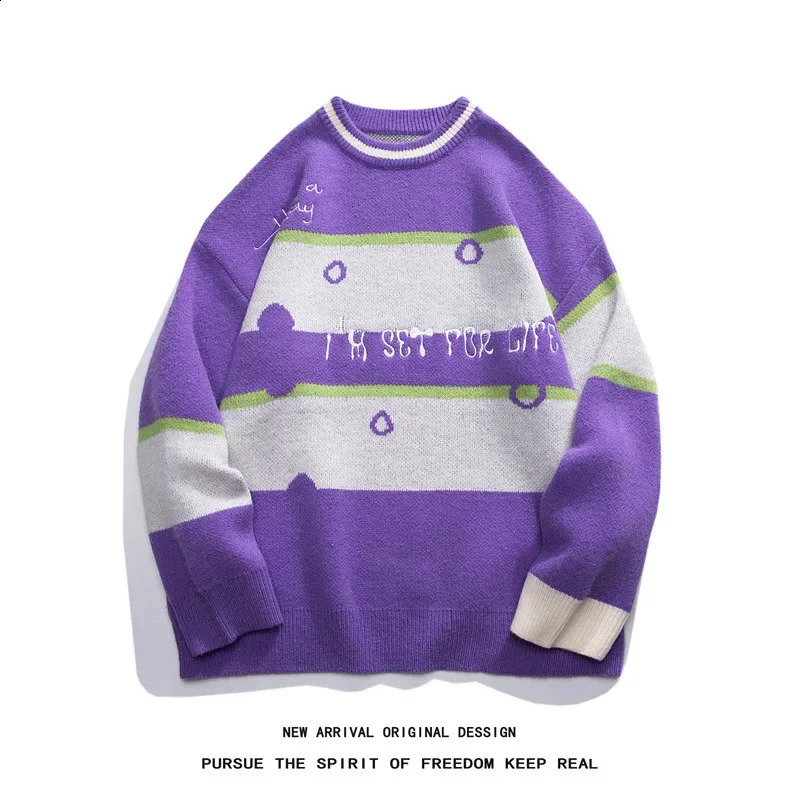 Contrasting Stripe Sweater Mens Autumn/Winter Korean Slouchy Style Large Loose Laydown Round Neck Knit 240821