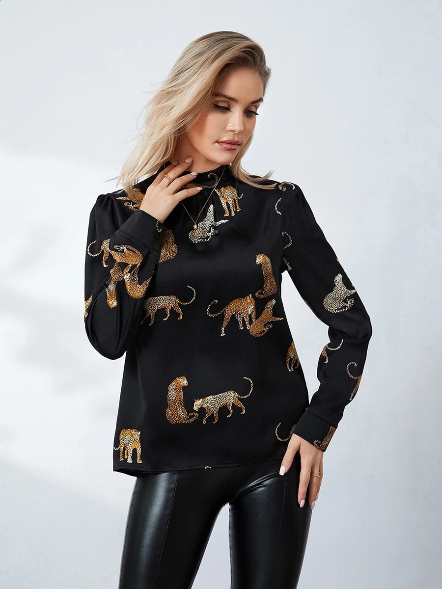Wsevypp womens spring and autumn top retro leopard print long sleeved plain collar floral OL business basic shirt 240822
