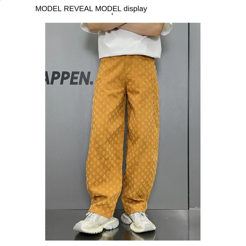 Personalized Jacquard Pattern Jeans Mens Straight Loose Bottom Embossed Pumpkin Color Pants 240821