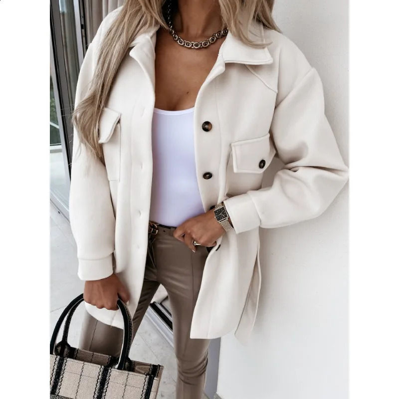 Autumn Winter Womens Lapel Single Breasted Thicken Solid Shirt Woolen Loose Coat Commuting Woman Fashion Long Sleeved Jacket 240822