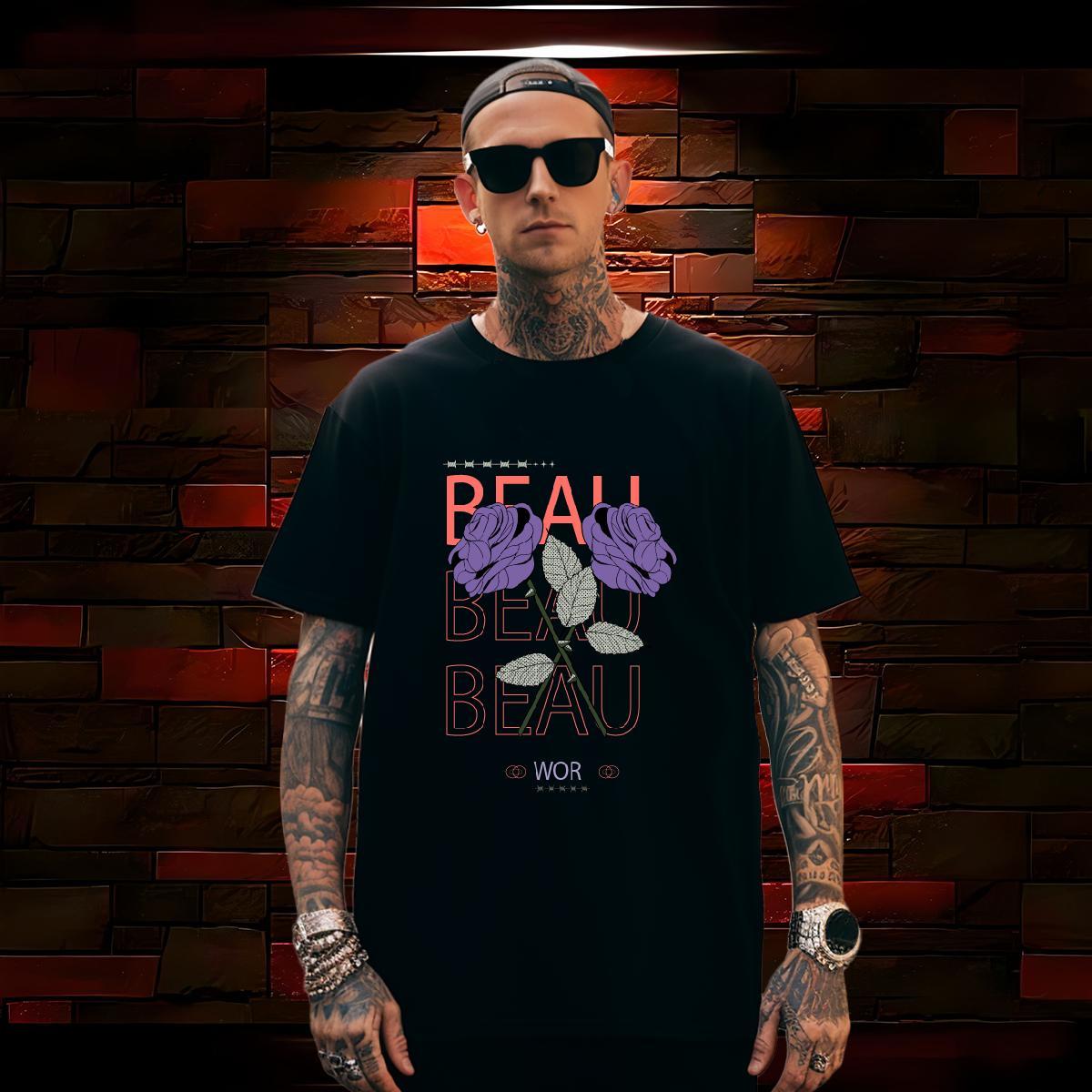 Wholesale flower T-Shirts for Men Street Men Tshirts 230g Pure Cotton Fashion Crew Neck Black Oversized Clothings