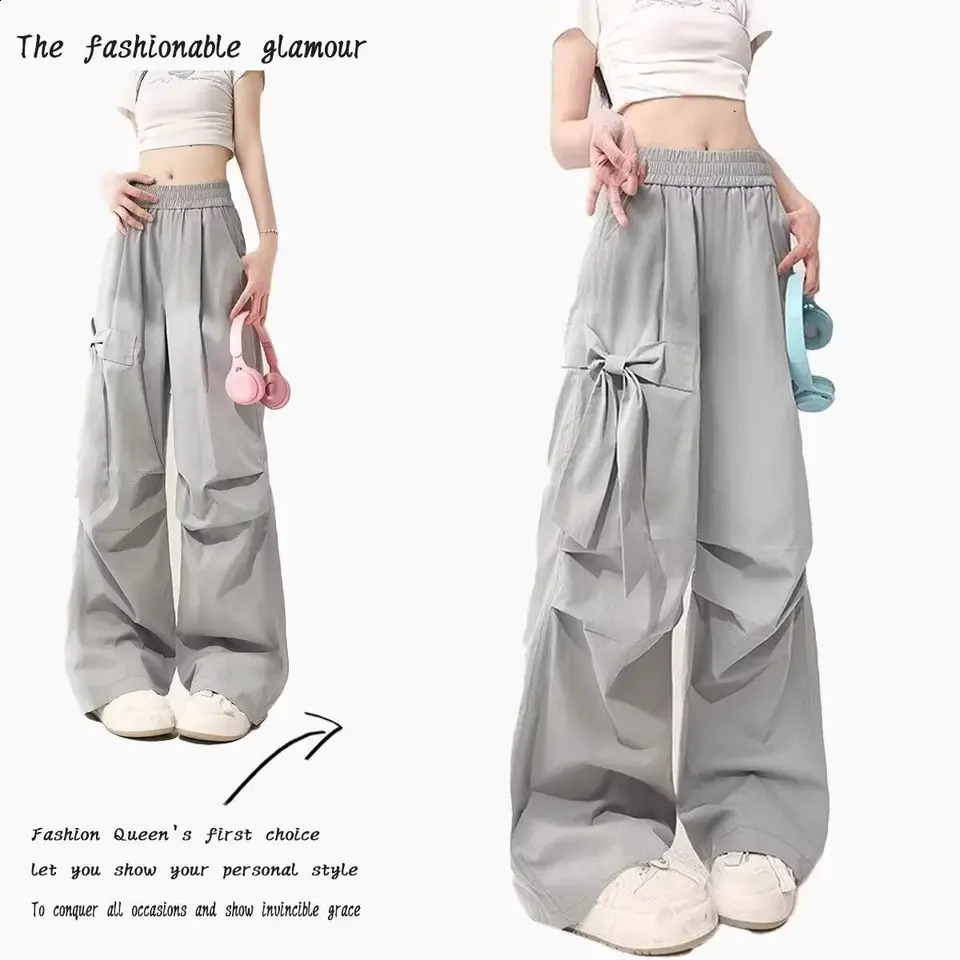 Grey Bow Elastic Waist Casual Summer Pants for Women American Street Trend Cute Loose Wide Leg Straight Y2k Korean Trousers 240821