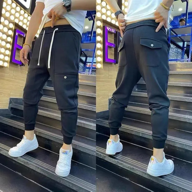 Autumn Trendy Ankle Sports Pants Loose Fit Sweatpants Solid Color Versatile Small Leg Harem Fashionable Casual Mens Clothing 240822