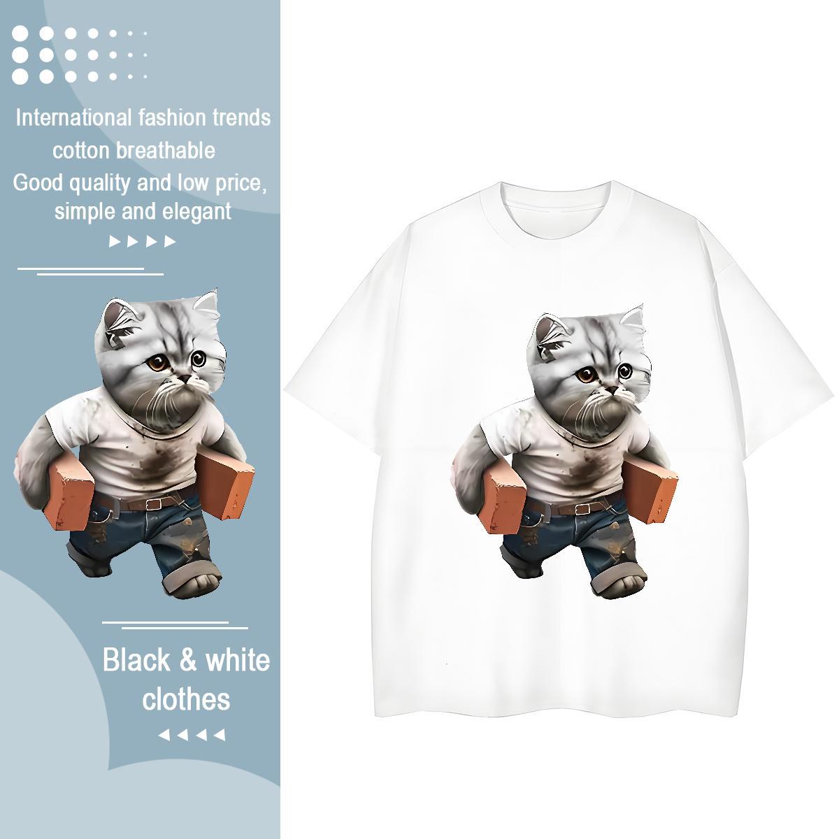 Popular T Shirts Men cat O-Neck Short Sleeve Street Wear Custom Print Oversized 230g Pure Cotton Men Tees Fashion Design Tees Shirts
