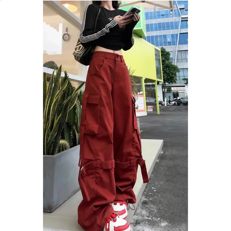 Vintage Casual High Waist Red Cargo Pocket Pants For Women Streetwear Style Wide Leg Overalls Baggy Y2K Trouser 240821