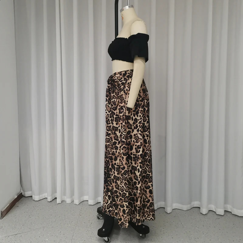 Waytobele twopiece summer womens fashionable off shoulder solid short sleeved pleated ultrathin leopard print top 240821