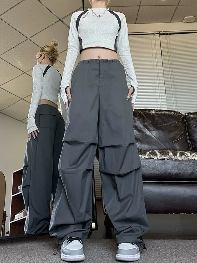 QWEEK Vintage Y2k Cargo Pants Women Folds Oversize High Street Fashion Baggy Sweatpants Korean Casual Wide Leg Jogger Pants 240821