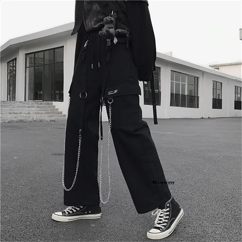 Black Cargo Pants Men Streetwear Hip Hop Wide Sweatpants With Chain Baggy Vintage Punk Harem Trousers Elastic Waist Pantalones 240822