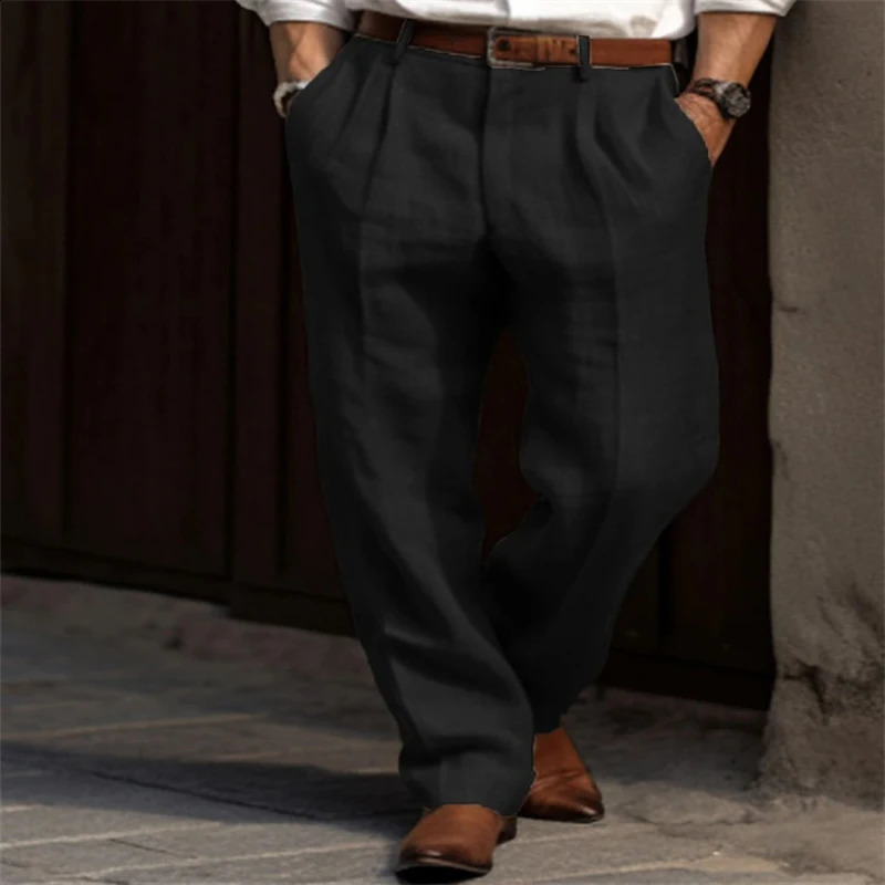Mens Linen Pleated Pants Front Pockets Straight Cotton Blend Long Trousers Spring Summer Holiday Fashion Loose Pant Oversized 240822