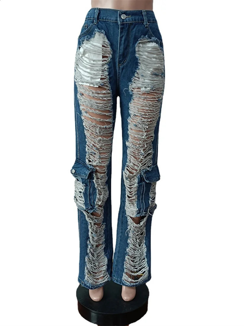 Trend Hollow Out Broken Holes Jeans Women Fashion Leg Patchwork Pocket Denim Pants Female High Waist Trousers Casual Streetwear 240821