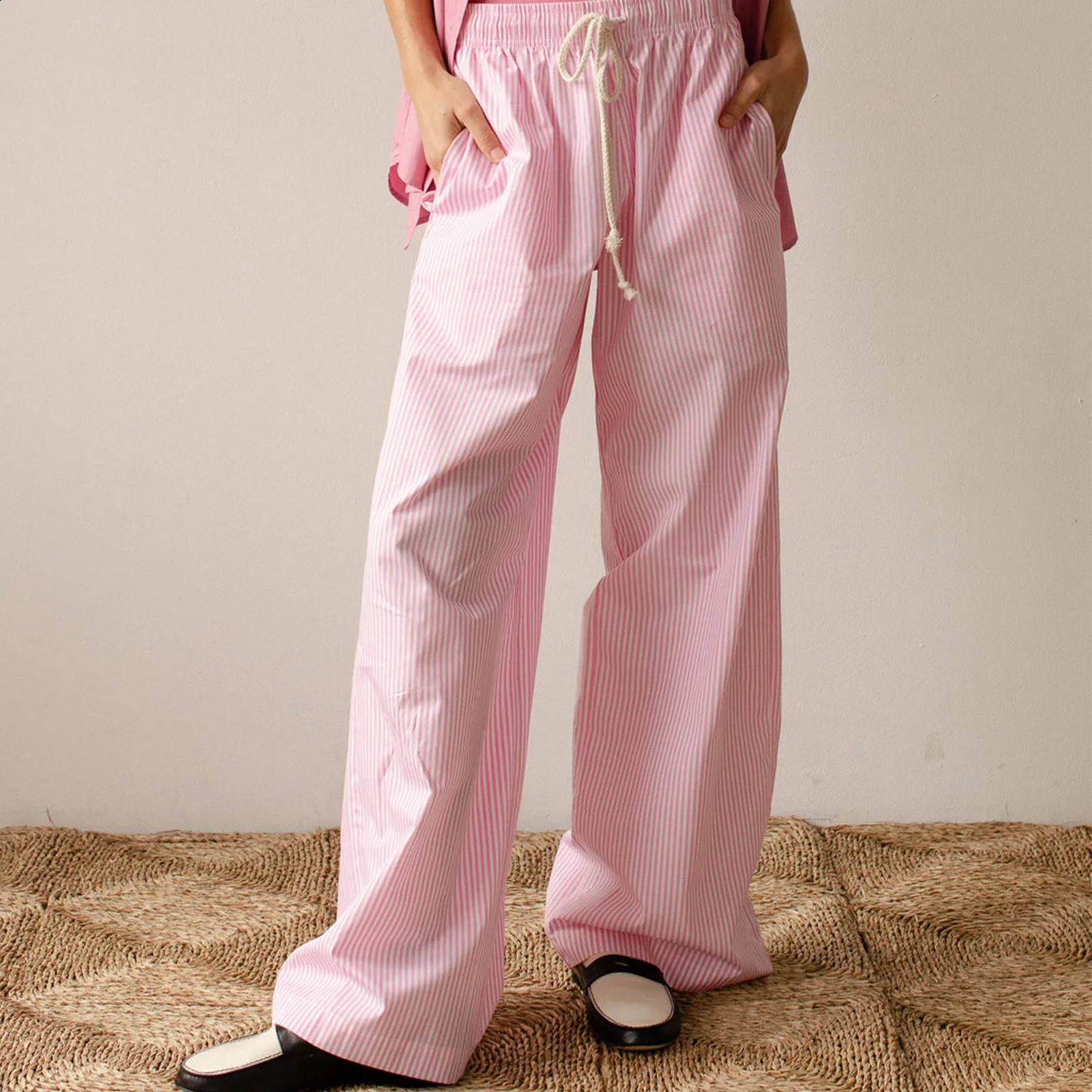 Combhasaki Women Y2K Aesthetic Wide-Leg Pants Stripe Drawstring High Elastic Waist Trousers Spring Fall Retro Sweatpants Bottoms 240821