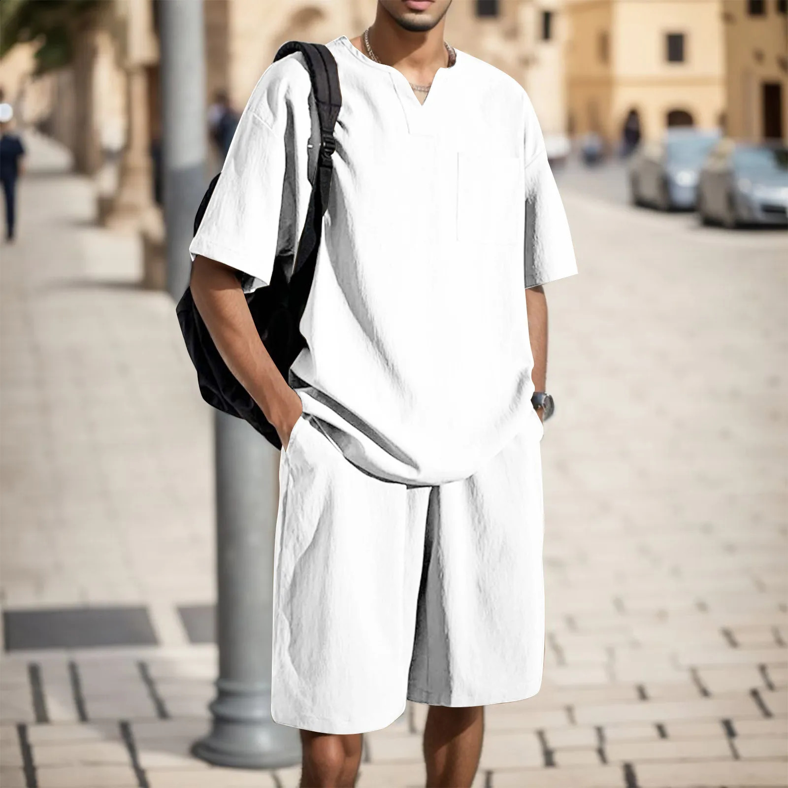 Mens casual suit style with loose ice silk sportswear family clothing twopiece set summer mens 240822