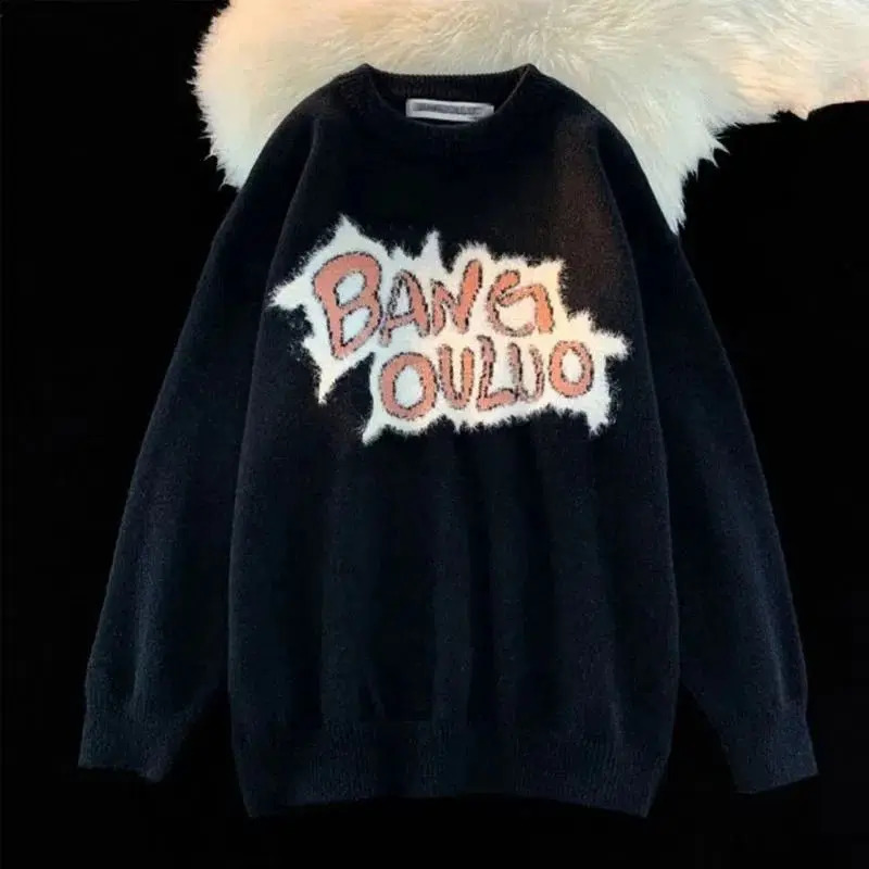 Purple Embroidered Letter Sweater Couple AutumnWinter Loose Thick Knitted Street Fashion Gothic Trendy y2k Coat 240821