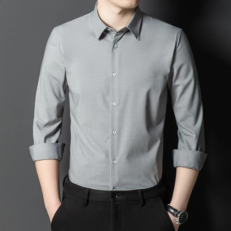Bamboo Fiber Solid Color Mens Shirt Long-Sleeved Breathable Comfortable Anti-Wrinkle Casual Fashion Business Formal Shirts 240822