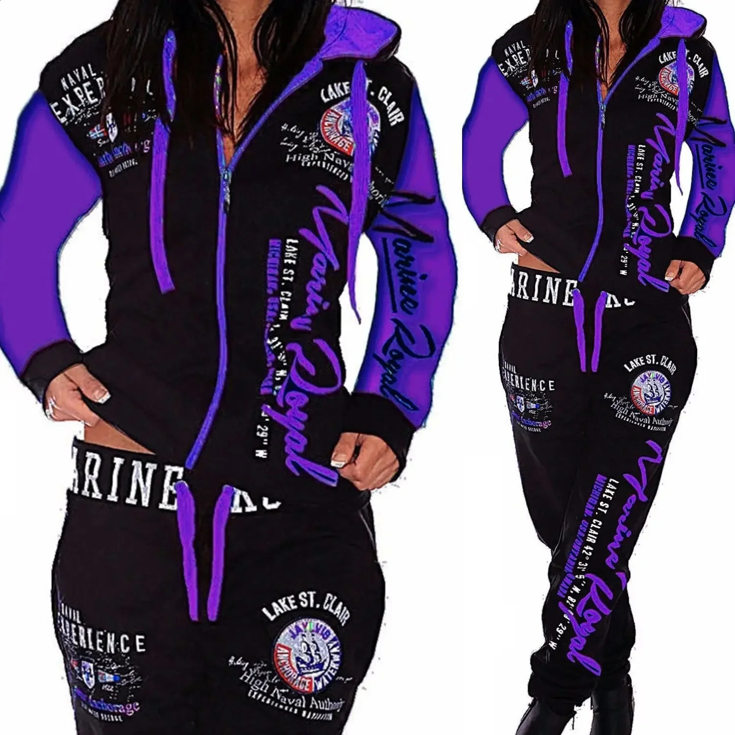 2 Piece Tracksuit Spring Women Sport Suit Printed Hoodie Jacket Sweatshirtpant Running Jogger Fitness Outfit Casual Workout Set 240810