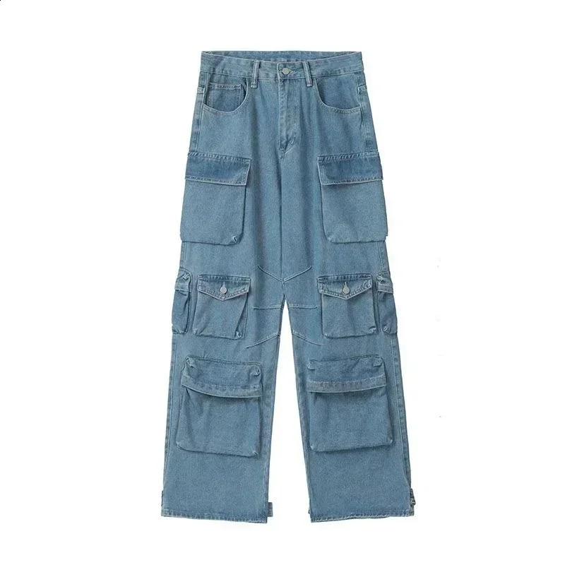 Fashion Washed Jeans Multi-Pocket Cargo Pants Y2k Retro Streetwear High Waist Jeans Casual Wide Leg Pants Blue 240822