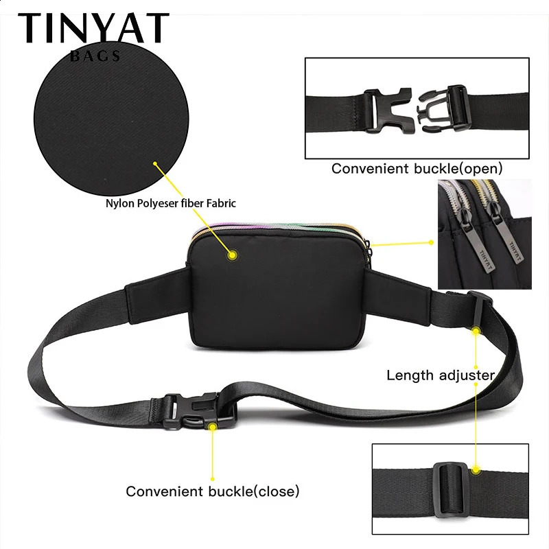 Tinyat Womens Waist Bag Shoulder Fanny Pack Mobile Money Light Sports Mens Belt Colorful Zipper Fashion 240821