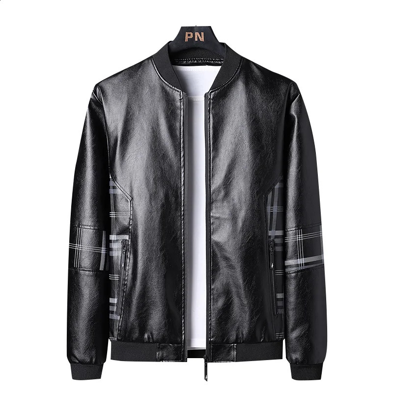 Autumn Side Plaid Spliced Leather Jacket Men Stand Collar Slim Pu Leather Jacket Fashion Motorcycle Causal Coat Winter Mens Coat 240822