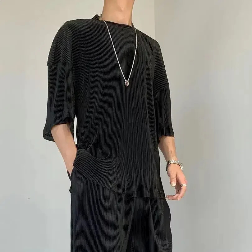 Nylon Mens Pants Set Gym Sportswear Male T Shirt Trousers Sets Black No Outfits Clothes Two-piece Essential Tee Kpop 240821