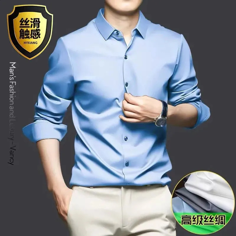 6XL mens shirt long sleeve ice silk high quality formal business casual free wear breathable large size fashion slim fit 240822