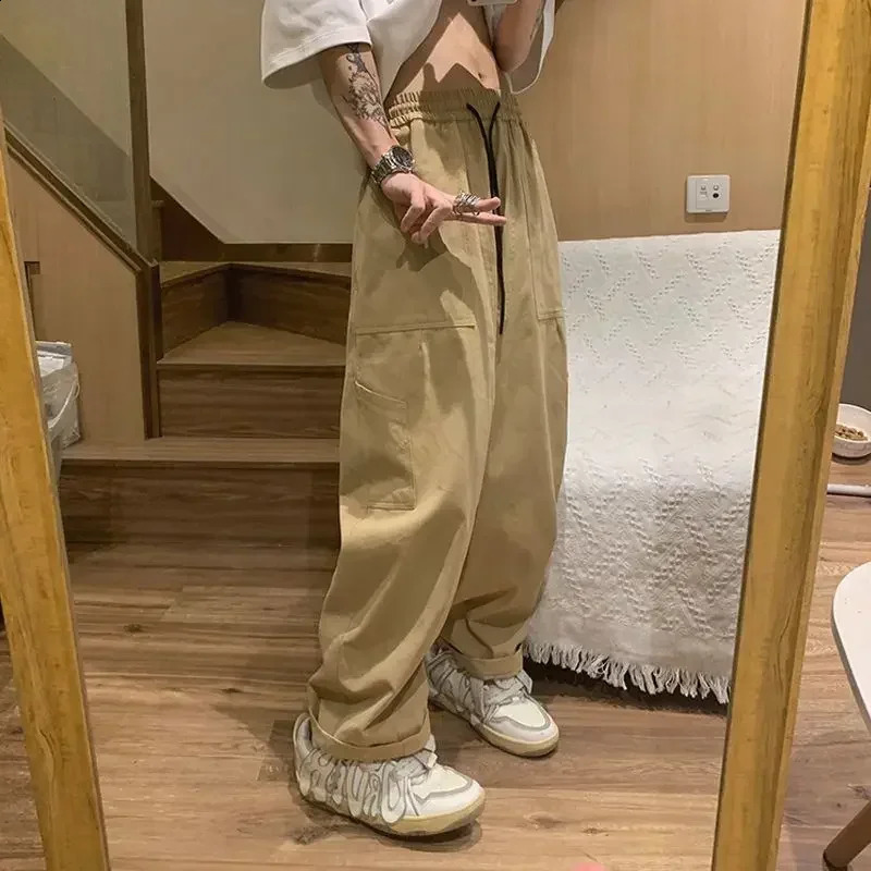 Trousers Man Straight Cargo Pants for Men Wide Khaki Korean Style Regular Fit Street Y2k Clothing Emo Large Size Long Fashion 240822