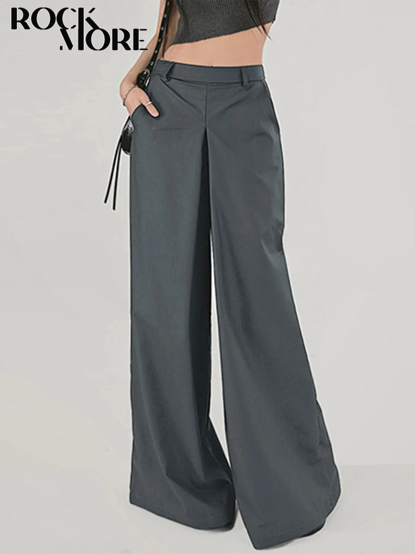 Rockmore Ladies Loose Suit Pant Mid Waist Wide Leg Pants Korean Fashion Baggy Trousers Female Office Wear Elegant Gray Pants 240821