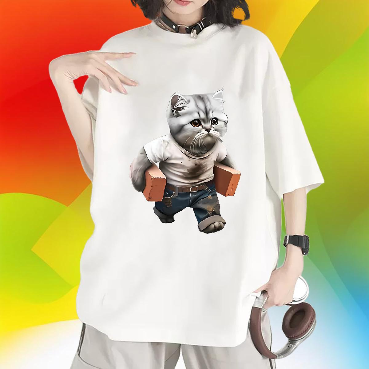 Fashion T-Shirts Breathable Short Sleeve 100% Cotton 230g Women Tshirts Custom Cartoon cat Outdoor 5A Clothings