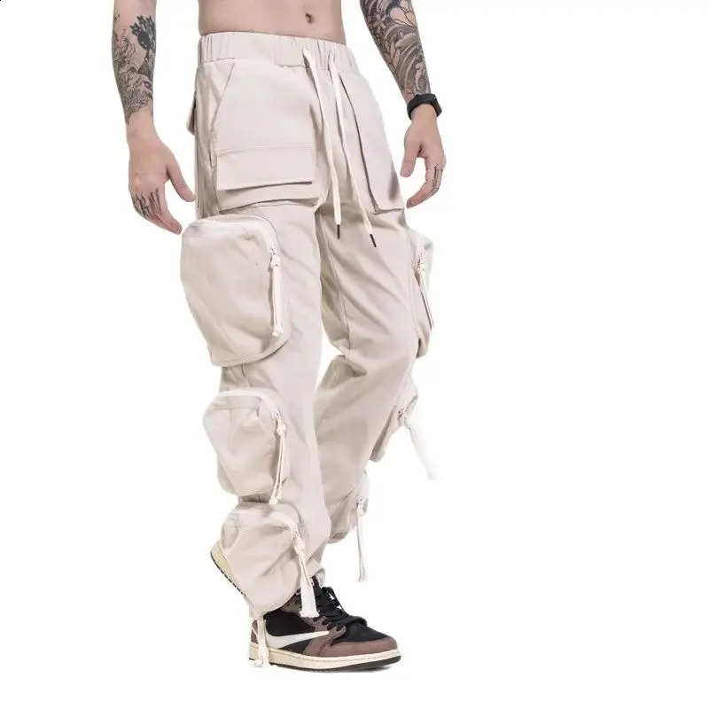 Zipper Multi Pocket Punk Hip Hop Cargo Pants Mens Autumn Winter Technical Clothing Street Casual Trousers 240821