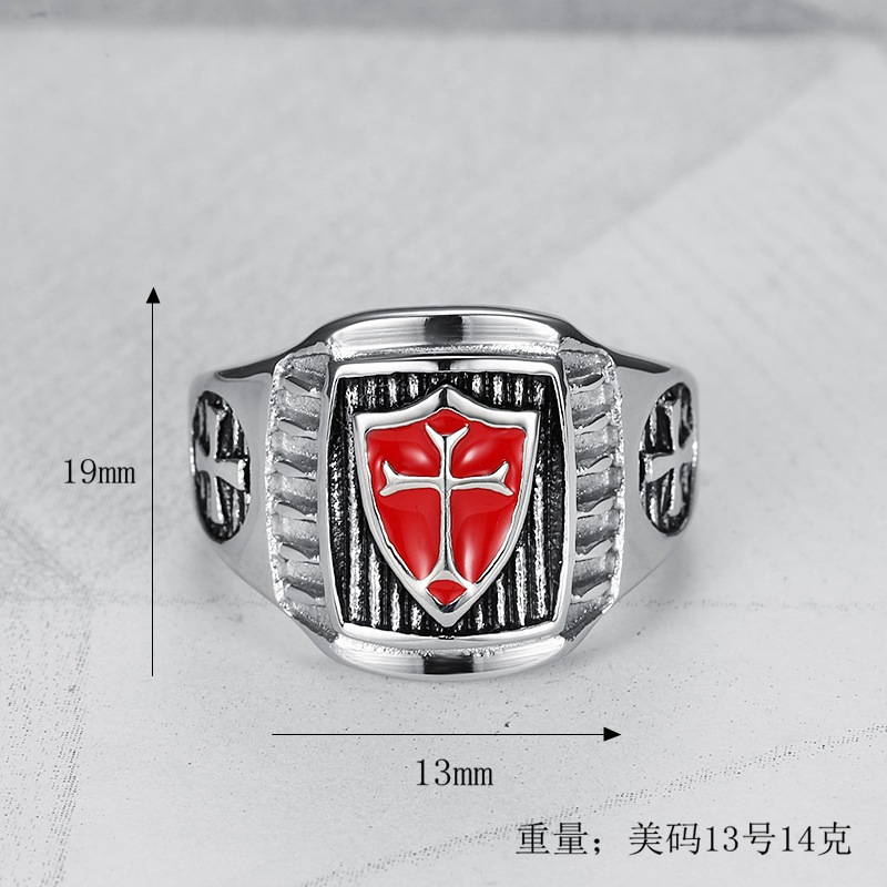 Vintage Shield Cross Casting Ring Titanium Steel Red Oil Drip Mens Jewelry