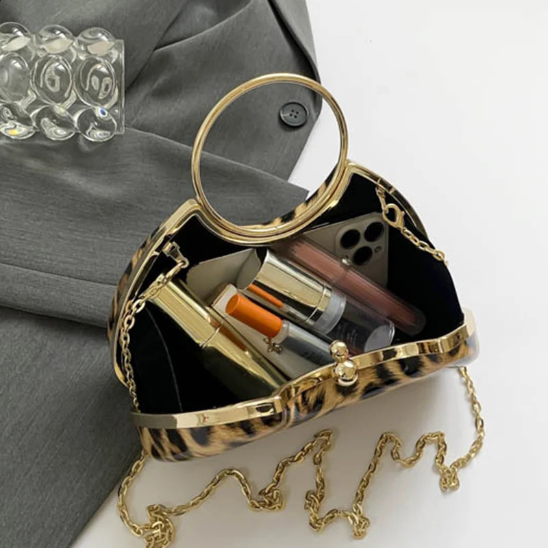 Female Party Purse Metal Ring Handlebag Fashin Day Clutches Khaki Leopard Women Handbag Crossbody Shoulder Bag 240822