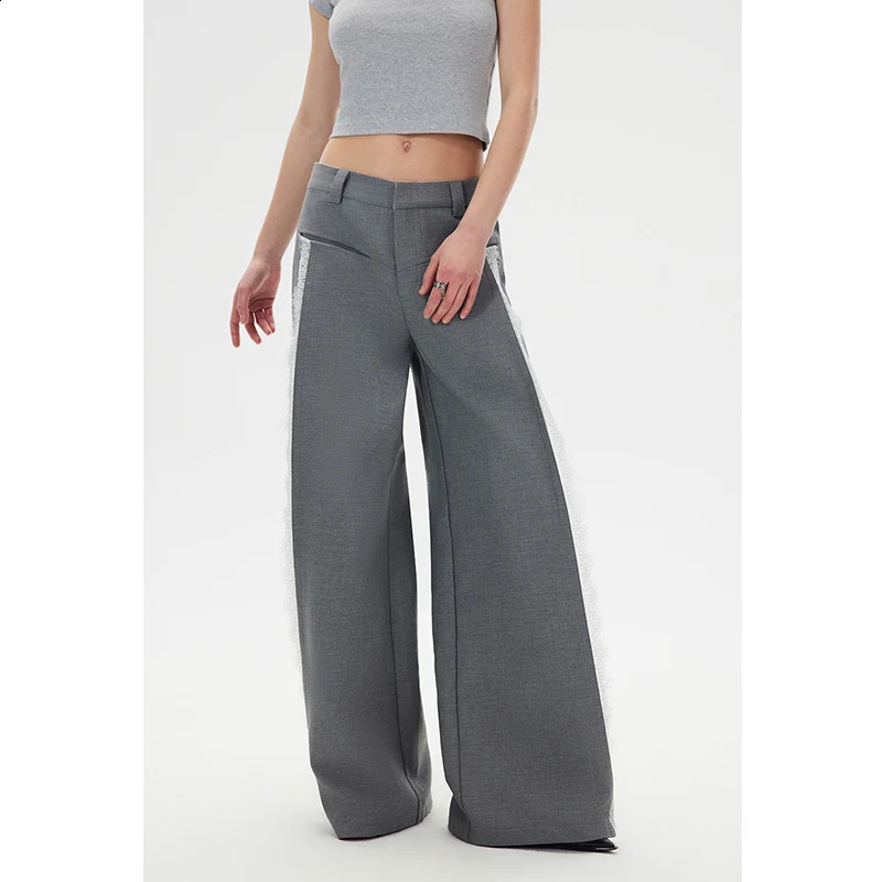 Womens Grey Lace Patchwork Pants Y2k Vintage Harajuku Casual Fashion Pants 90s Aesthetic High Waist Trousers 2000s Clothes 240821
