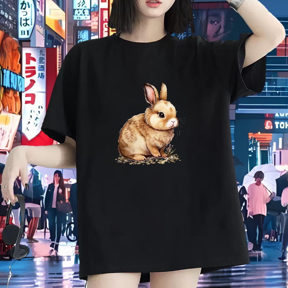 Custom T Shirt For Woman Short Sleeve O-Neck 100% Cotton 230g Women Tees Black Oversized rabbit Spring Summer Designer Clothings