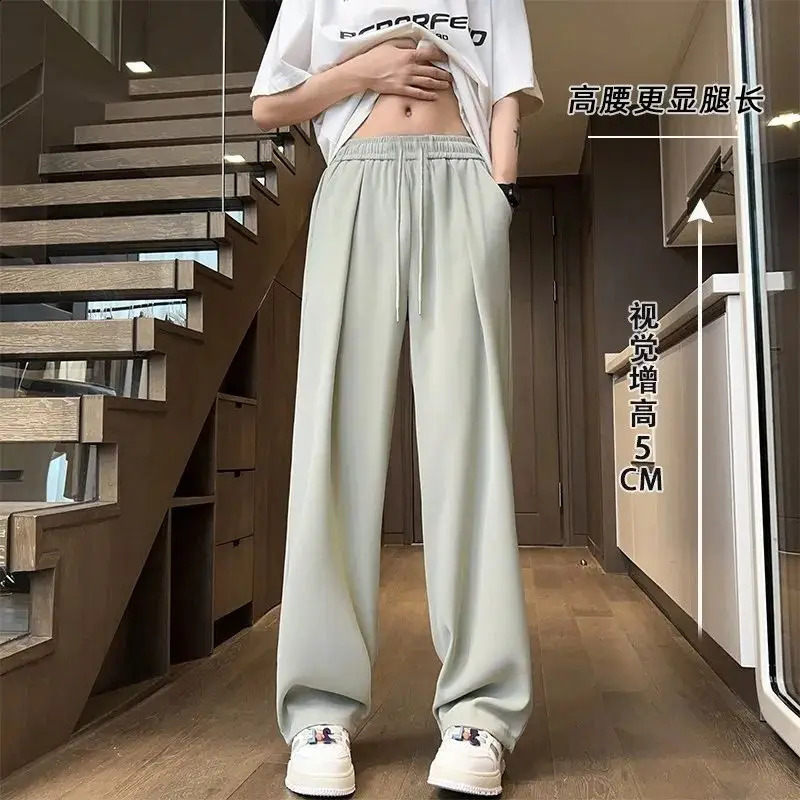 Summer Fashion Thin Ice Silk Loose Straight Pants Men Solid Elastic Waist Drawstring Pocket Casual Ventilate Wide Leg Trousers 240822