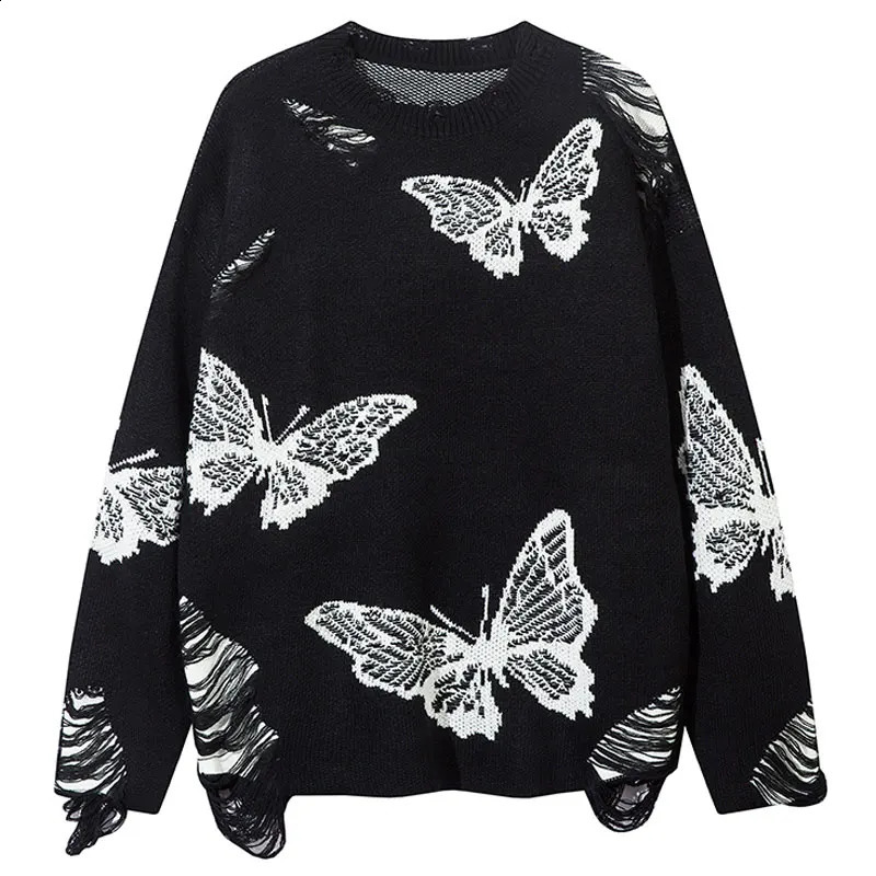 Vintage Oversized Sweater Y2K Grunge Ripped Hole Knitted Butterfly Punk Gothic Jumpers Streetwear Hip Hop Long Sleeve Sweaters 240821