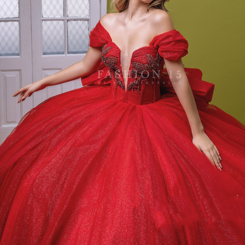 Red Shiny Quinceanera Dress Ball Gown Off The Shoulder Beads Crystals Bow Tull Corset Birthday Party Sweet 16 Vestido De 15 Anos
