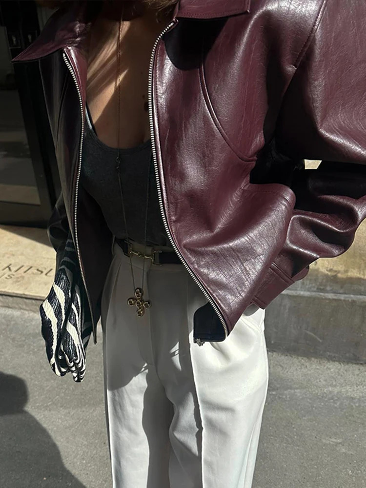 Vintage Wine Red PU Leather Jacket for Women Casual Long Sleeve Turn Down Collar Coat Autumn Long Sleeve Zipper Jackets 240821